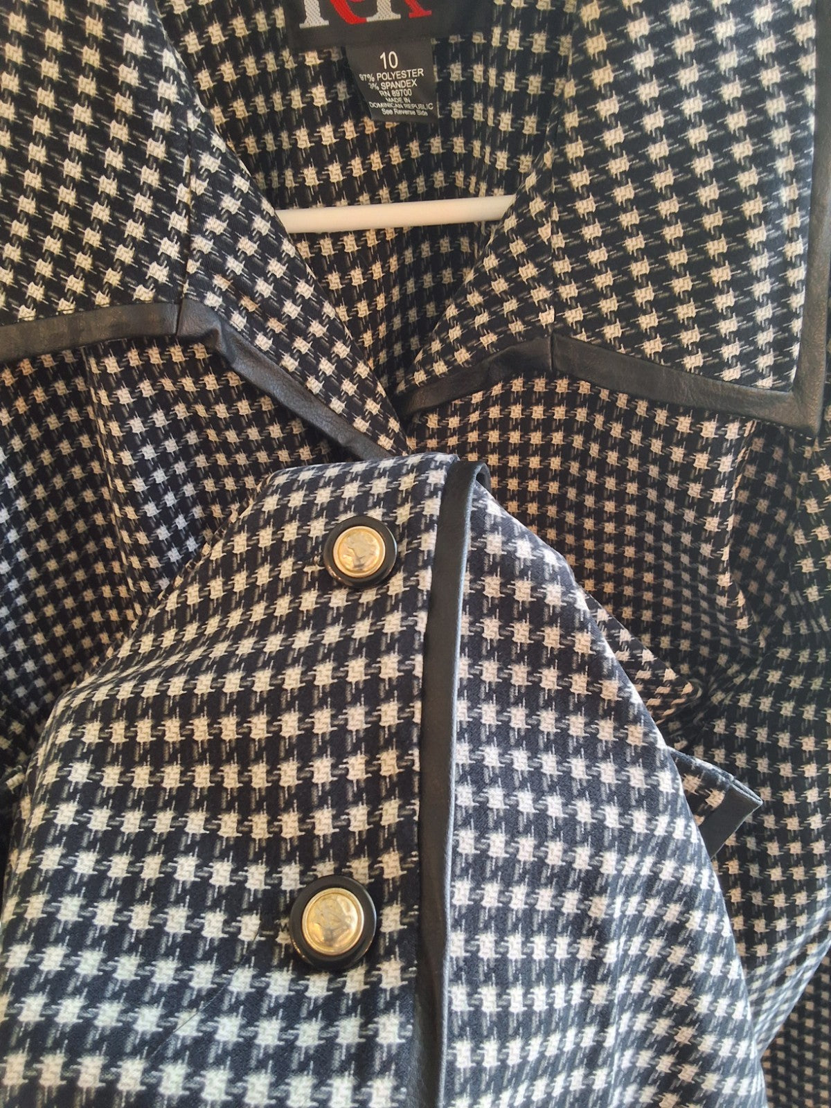 R&K Originals Houndstooth Blazer Jacket Faux Leather Trim Black White Womens 10