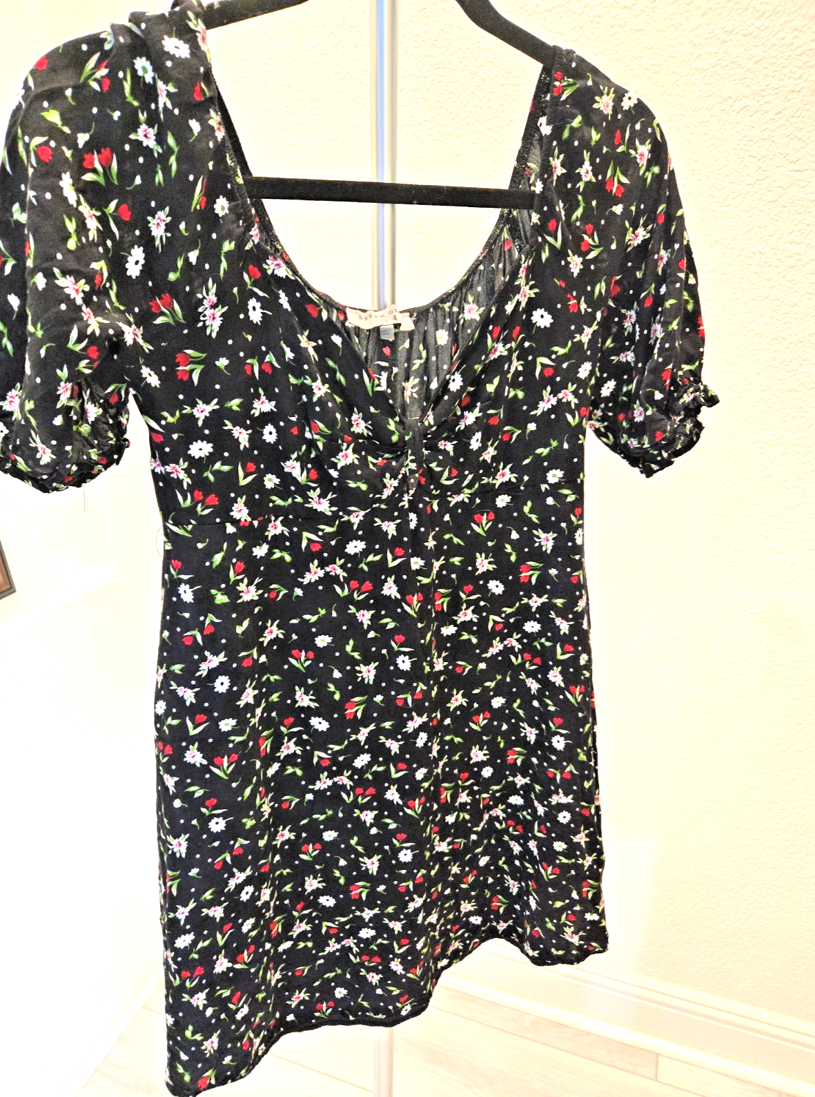 Dream Ofie L Floral Mini Dress Womens Puff Sleeve Sweetheart Neck Black Summer