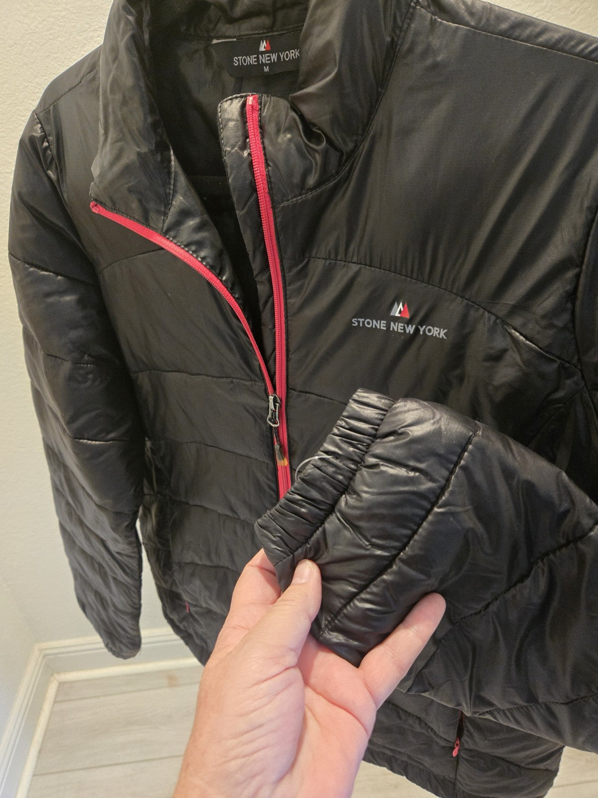 Stone New York M Puffer Jacket Womens Black Pink Trim Full Zip Lightweight Coat