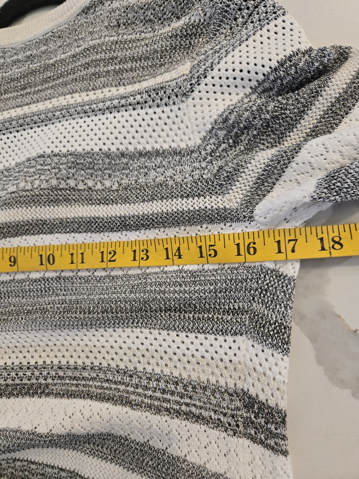 White House Black Market S Gray Striped Open Knit Metallic Fringe Cardigan