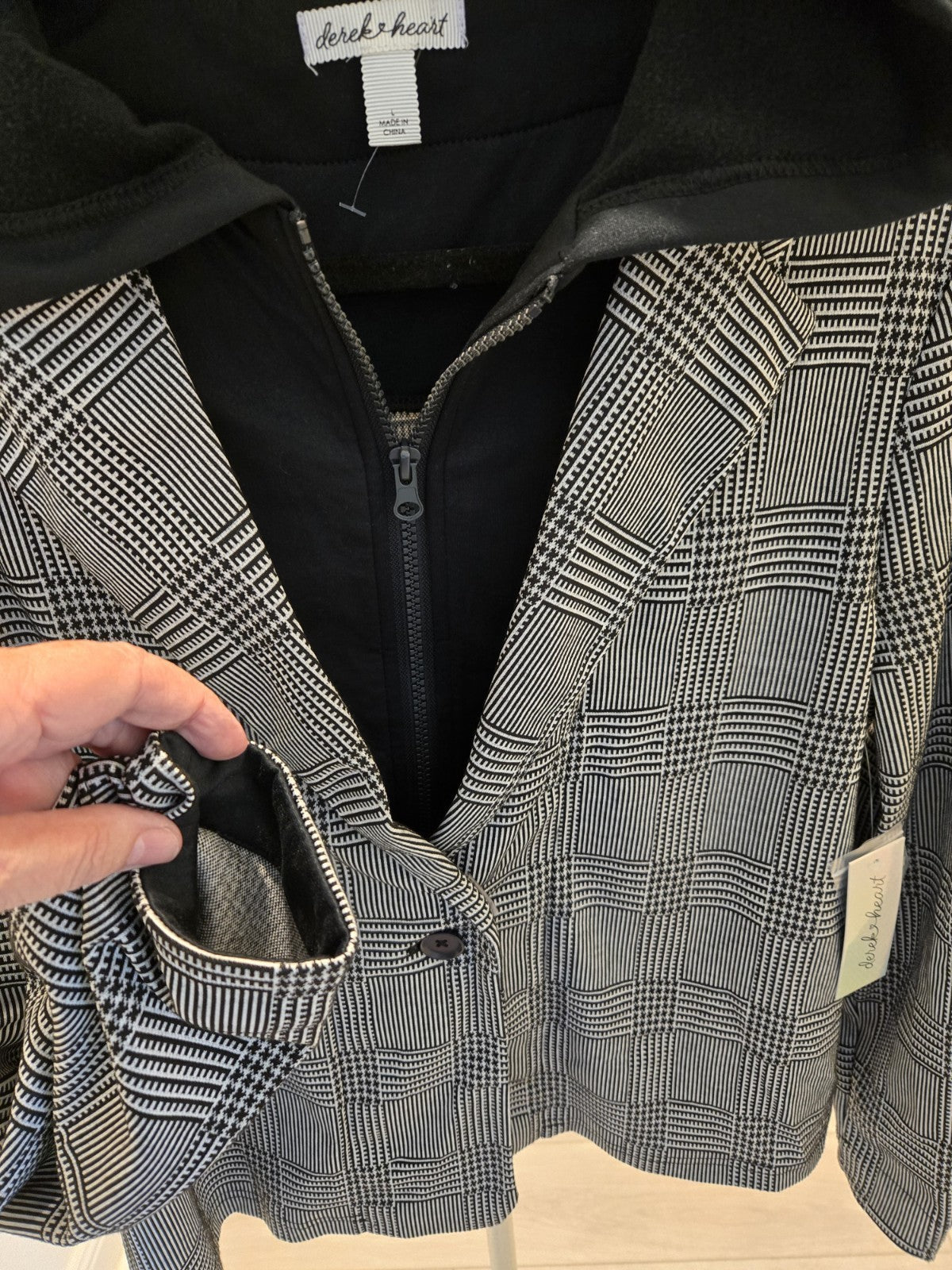 Derek Heart NEW Plaid Blazer L Womens Hoodie Insert Jacket Check Pattern Large