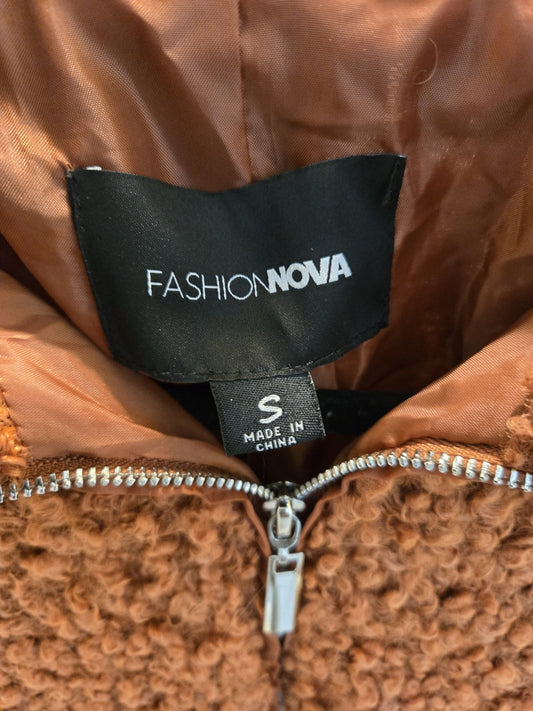 Fashion Nova S Teddy Bear Bomber Jacket, Cozy Fleece Shearling Zip-Up, Brown