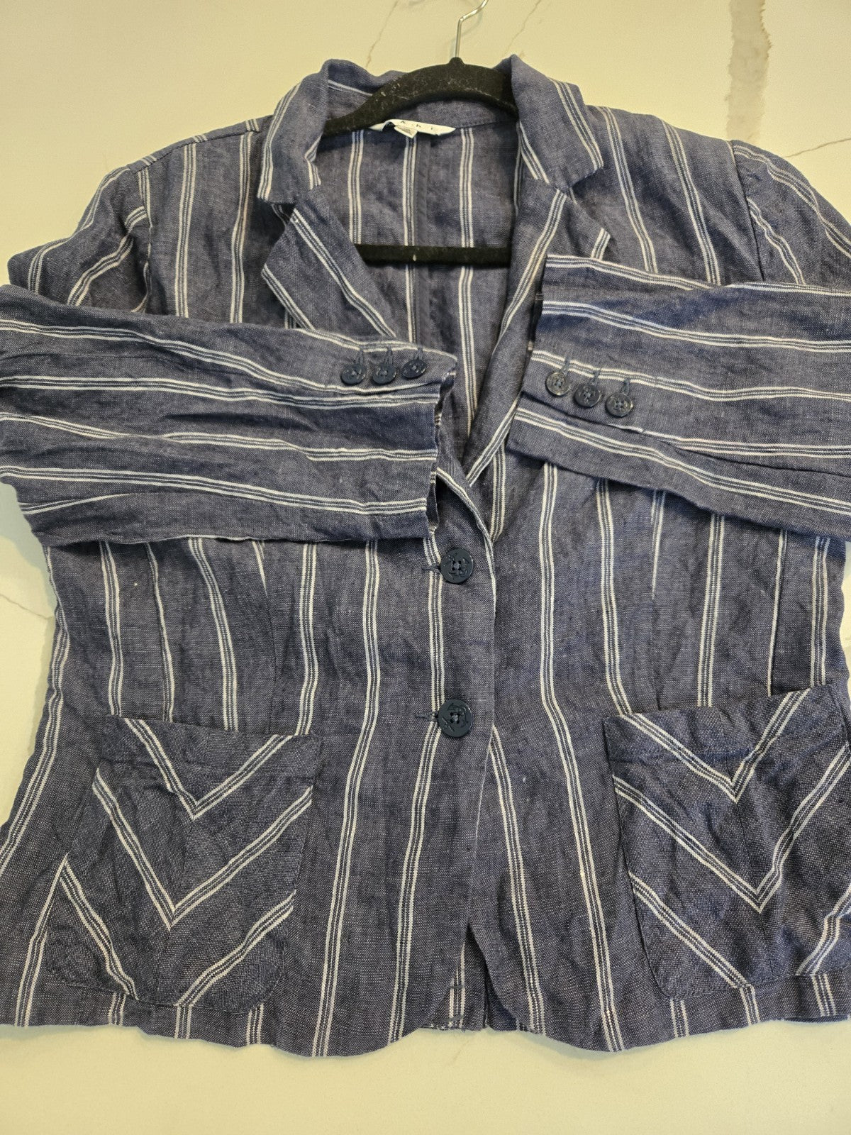 Cabi Size 10 Navy Blue White Pinstripe Linen Blazer Chevron Pocket Jacket