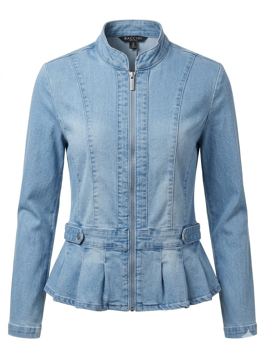 Baccini Denim Jacket S Womens Light Zip Up Peplum Pleated Jean Blazer Small