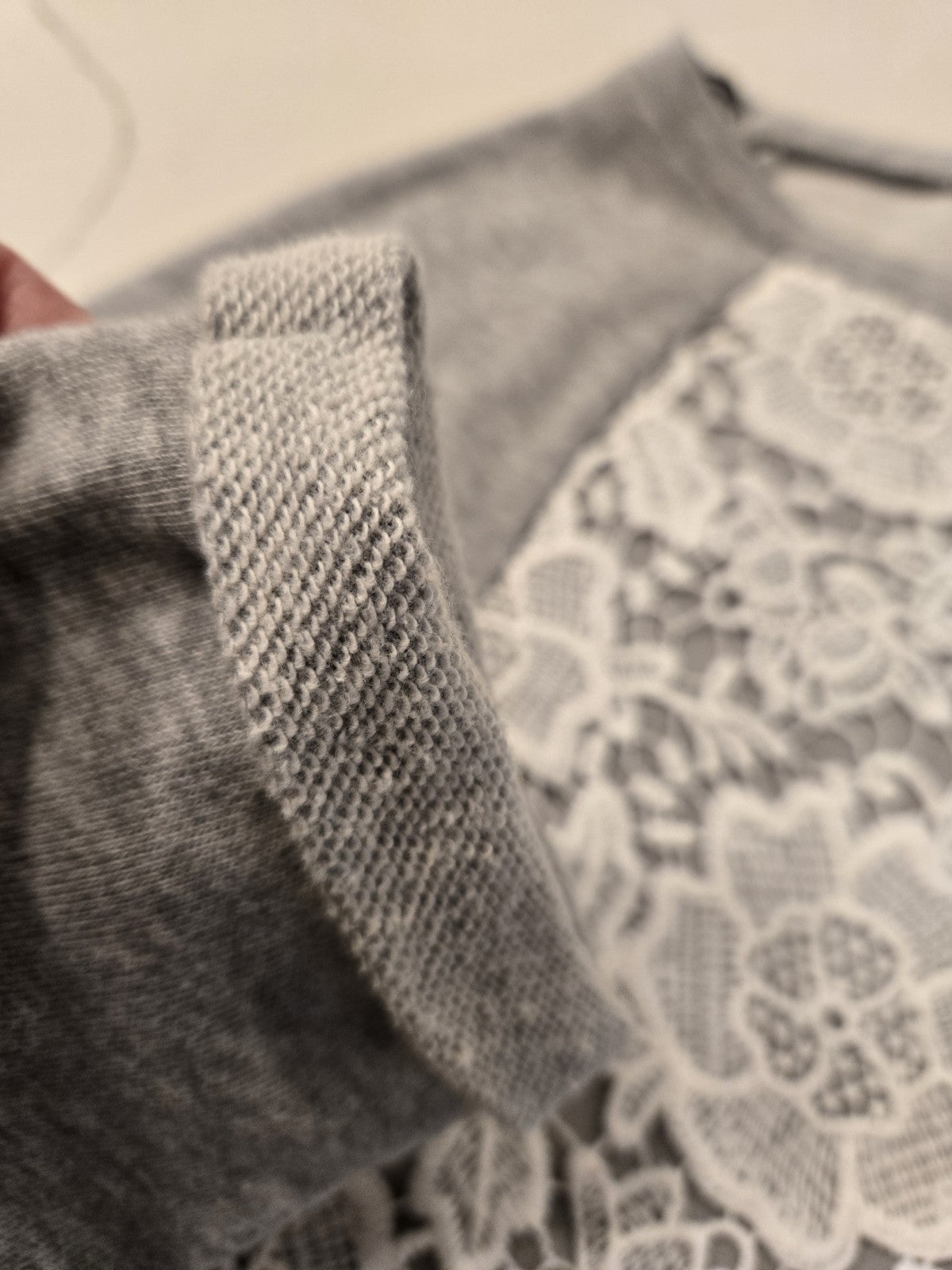 H&M Divided Grey Sweatshirt M White Floral Lace Overlay Raglan Pullover Crochet