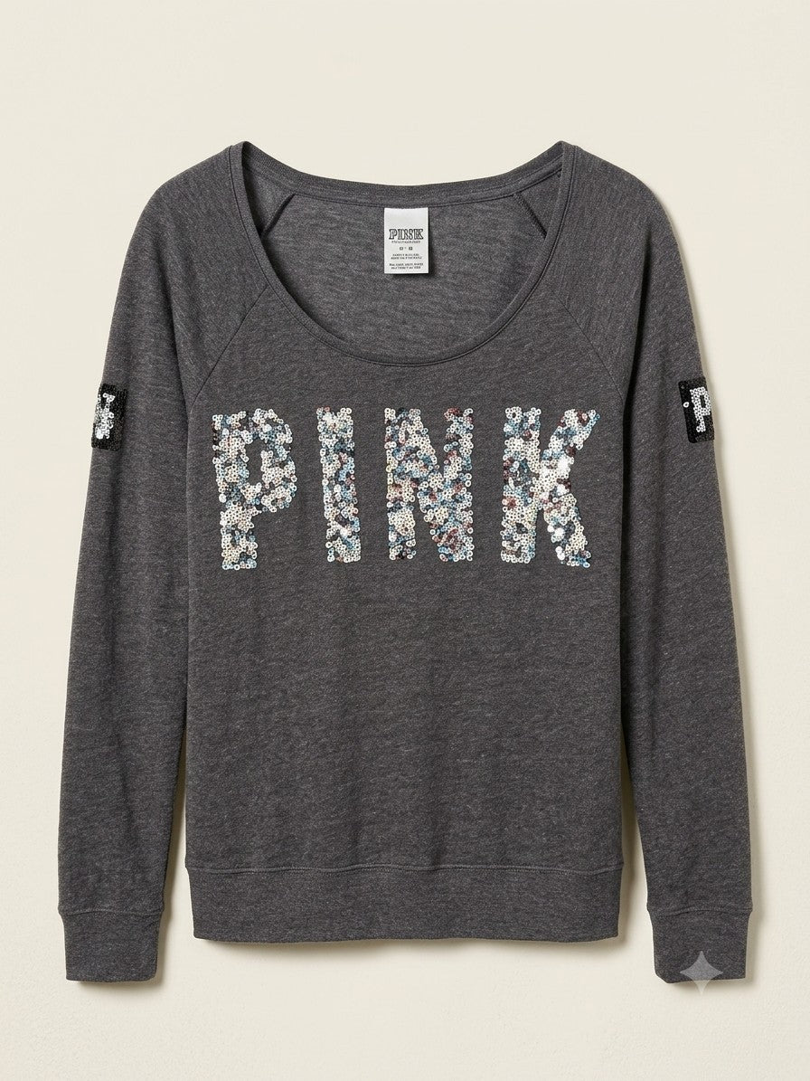 Pink Victoria's Secret M Gray Sequin Bling Logo Scoop Neck Sweatshirt Women