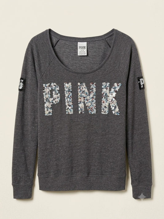 Pink Victoria's Secret M Gray Sequin Bling Logo Scoop Neck Sweatshirt Women