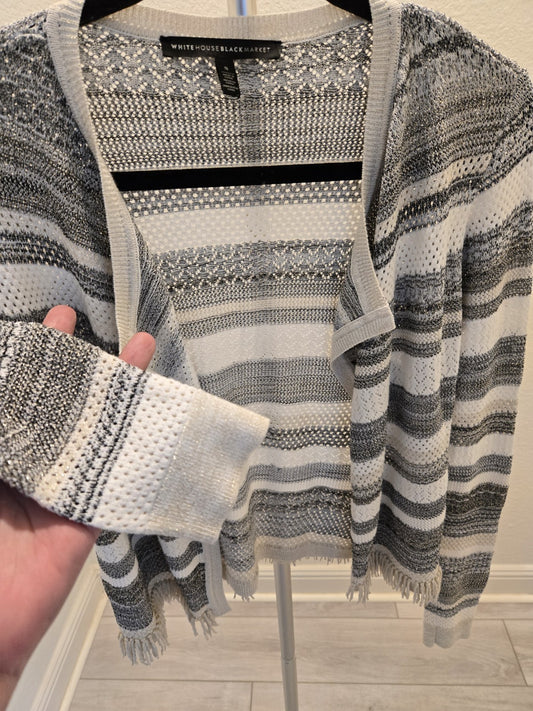 White House Black Market S Gray Striped Open Knit Metallic Fringe Cardigan