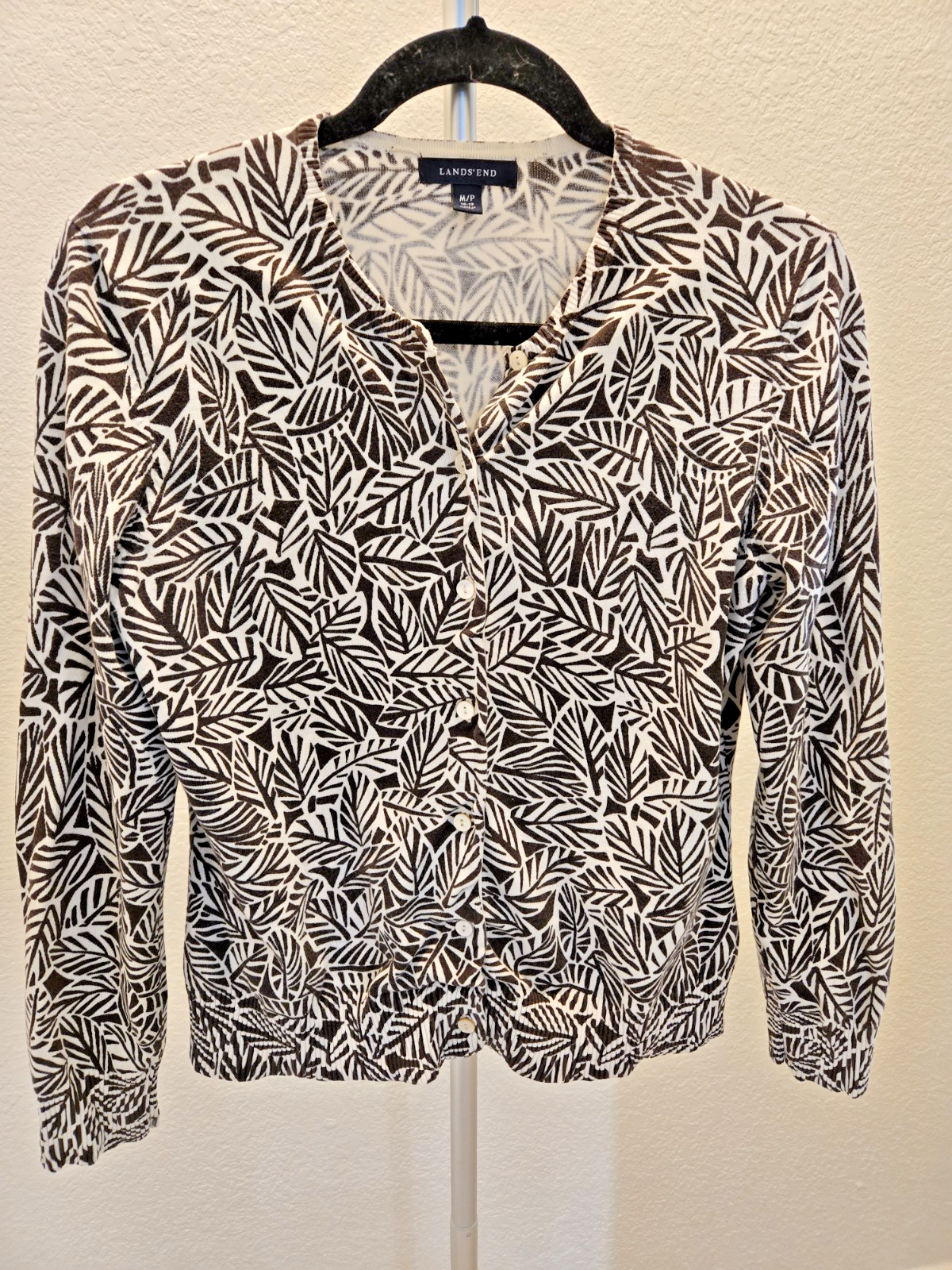 Lands End Cardigan Y2K Sweater Womens MP Botanical 10 12 Leaf Print Knit Brown