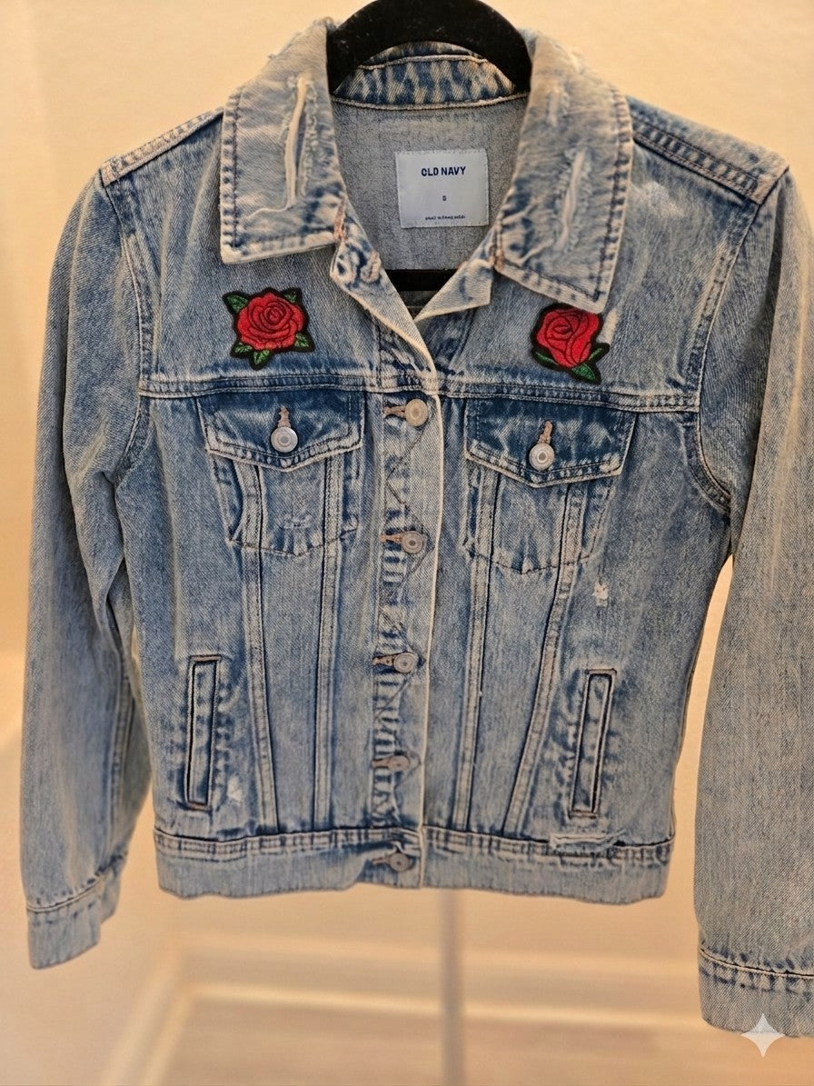 Old Navy Embroidered Roses Denim Trucker Classic Jean Jacket Women’s Large