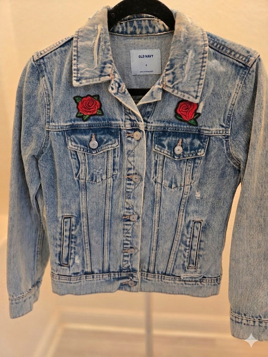 Old Navy Embroidered Roses Denim Trucker Classic Jean Jacket Women’s Large