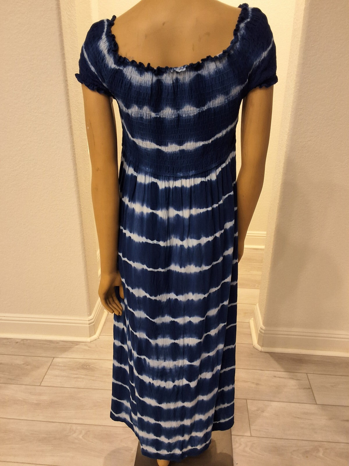 Ellen Weaver S Tie Dye Maxi Dress Smocked Bardot Off Shoulder Blue White Y2K