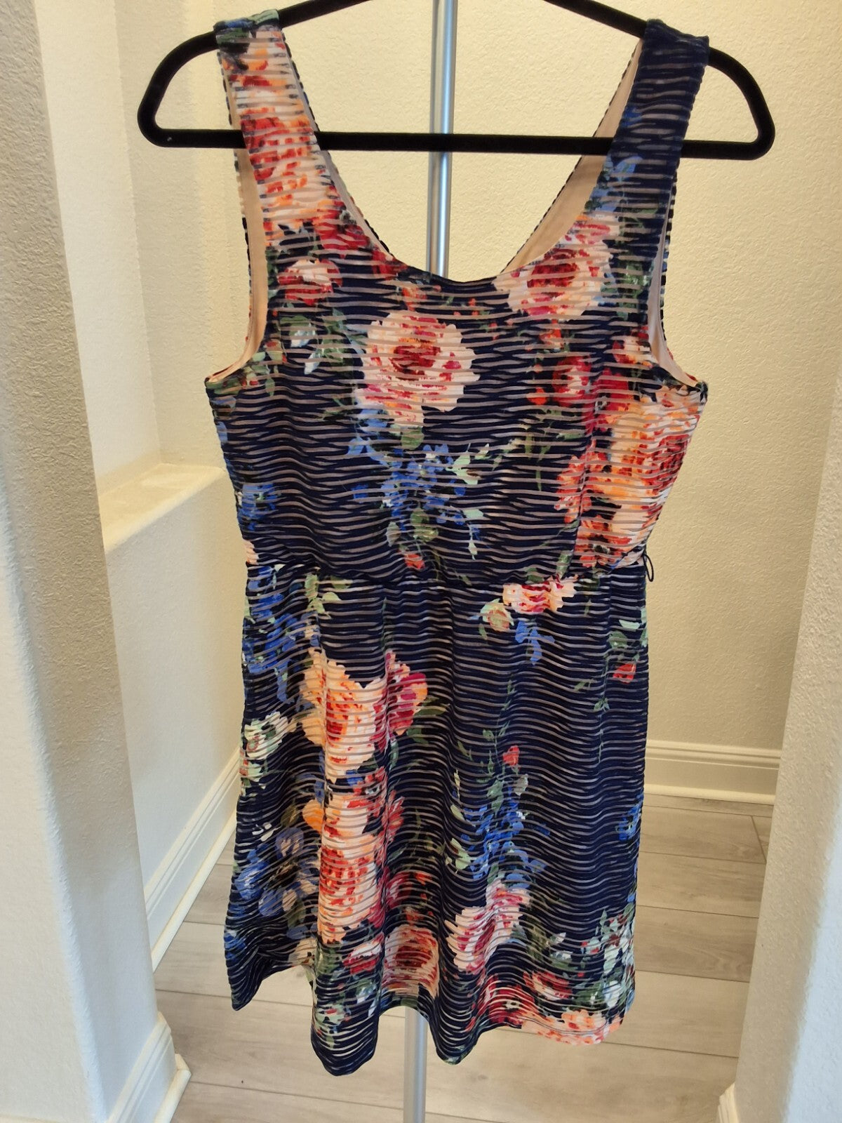 Three Pink Hearts Floral Skater Mini Dress Size L Blue Pink Striped Sleeveless