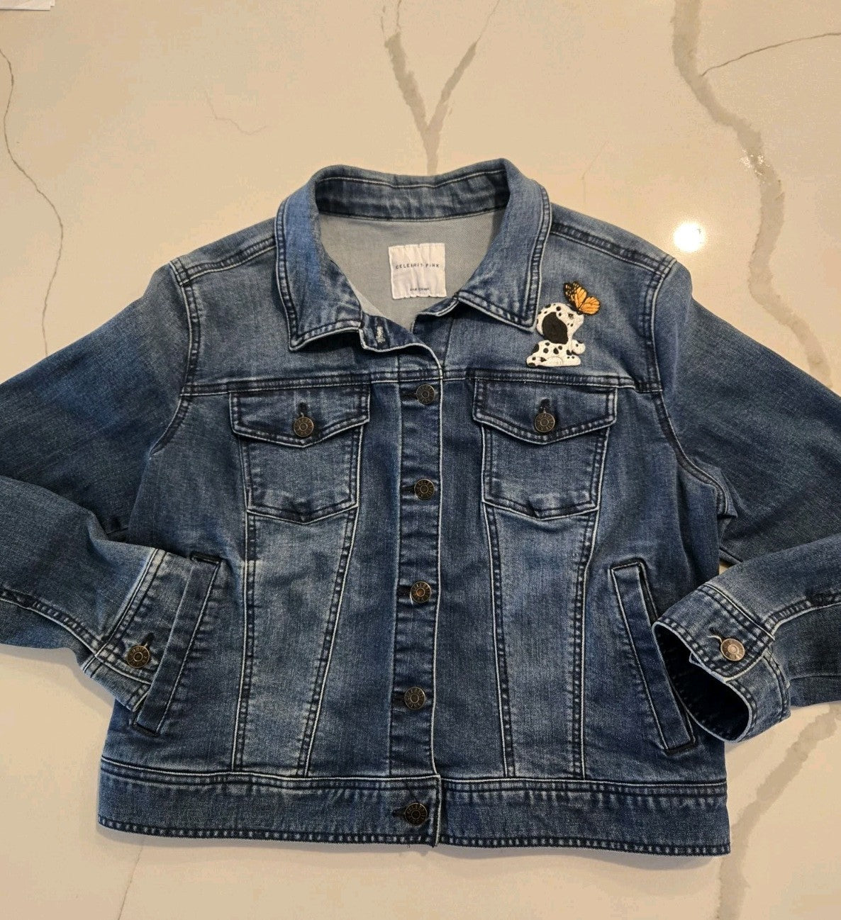 Celebrity Pink dalmatian Puppy Patch Denim Trucker Jacket L Collared Y2K