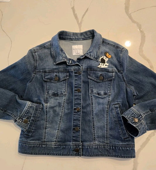 Celebrity Pink dalmatian Puppy Patch Denim Trucker Jacket L Collared Y2K