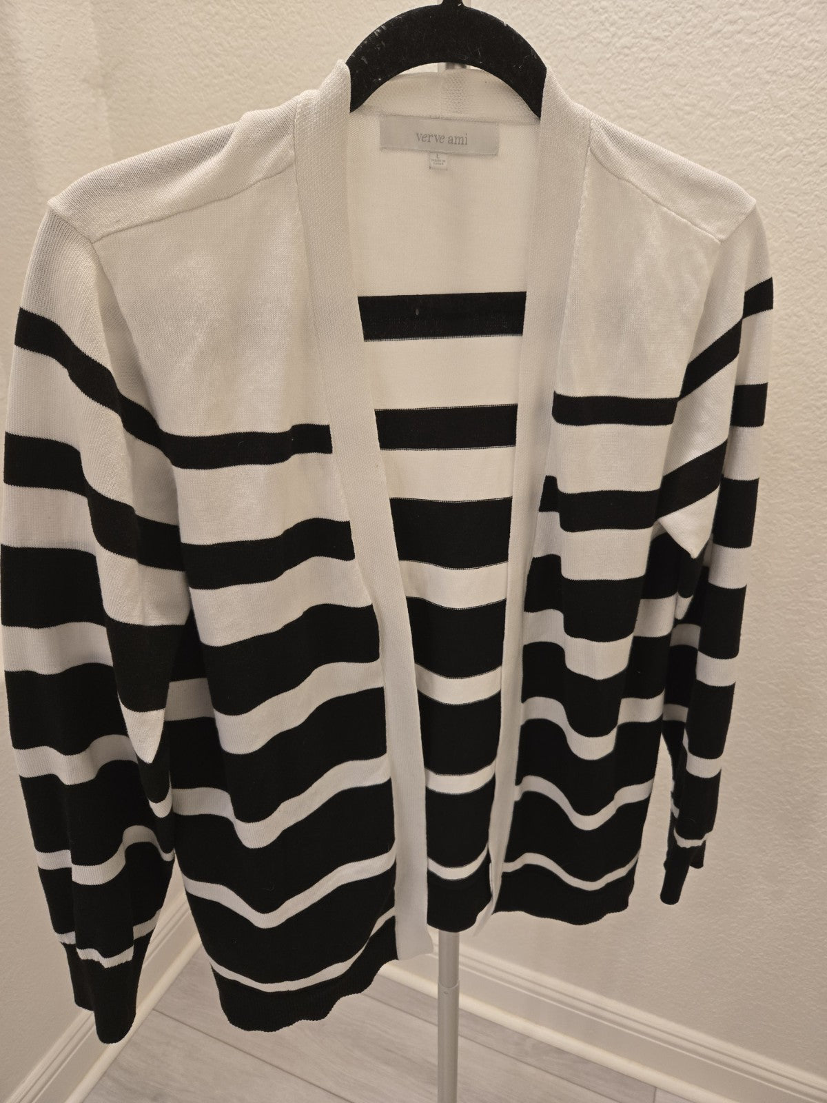 Verve Ami L Coastal Grandmother Cardigan Striped Open Front Quiet Luxury B/W