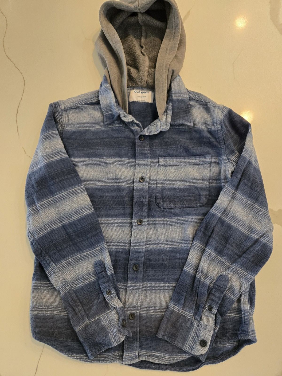 Old Navy L 10-12 Plus Striped Hooded Flannel Shirt Kids Blue Plaid Shacket