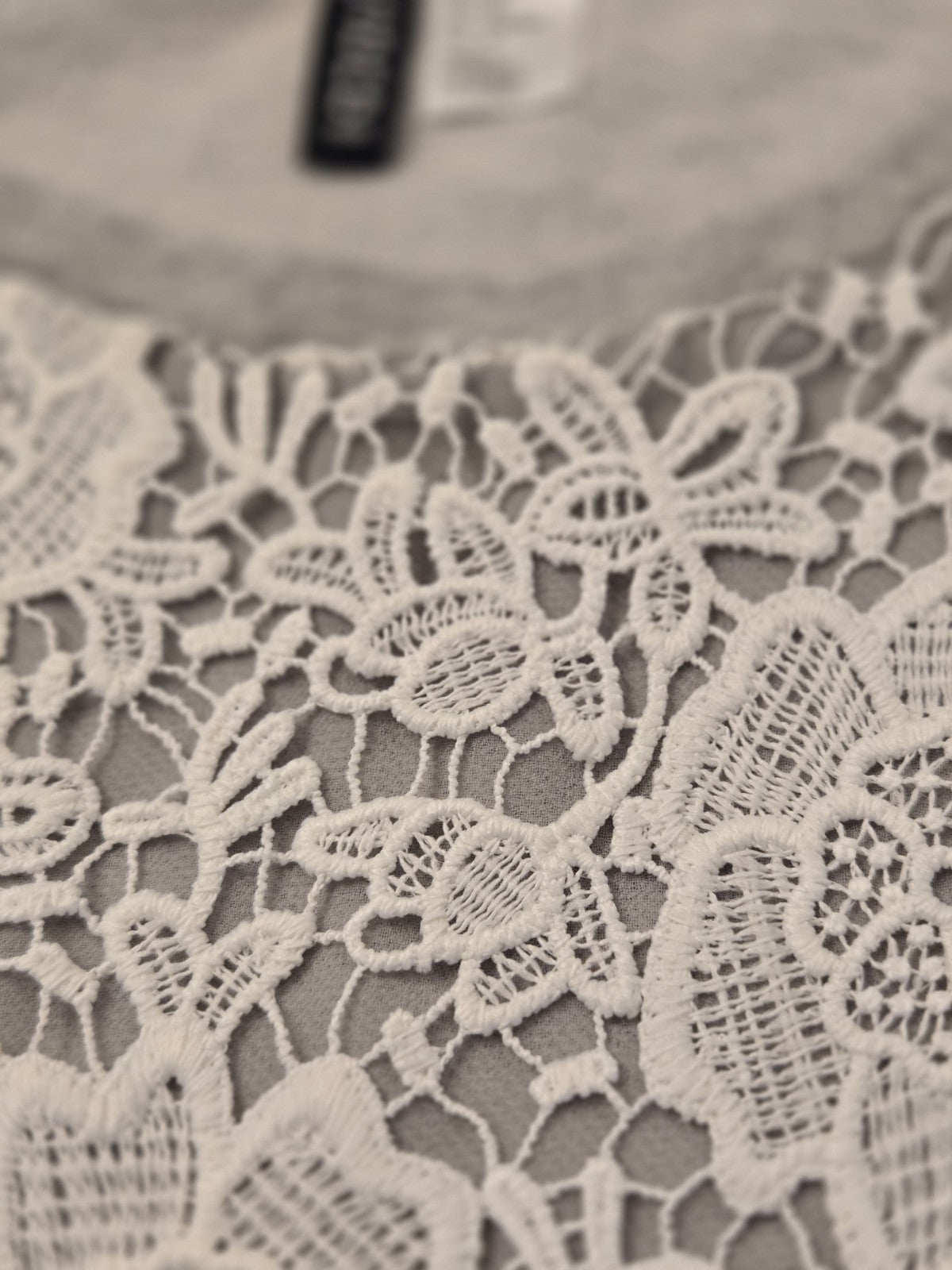 H&M Divided Grey Sweatshirt M White Floral Lace Overlay Raglan Pullover Crochet