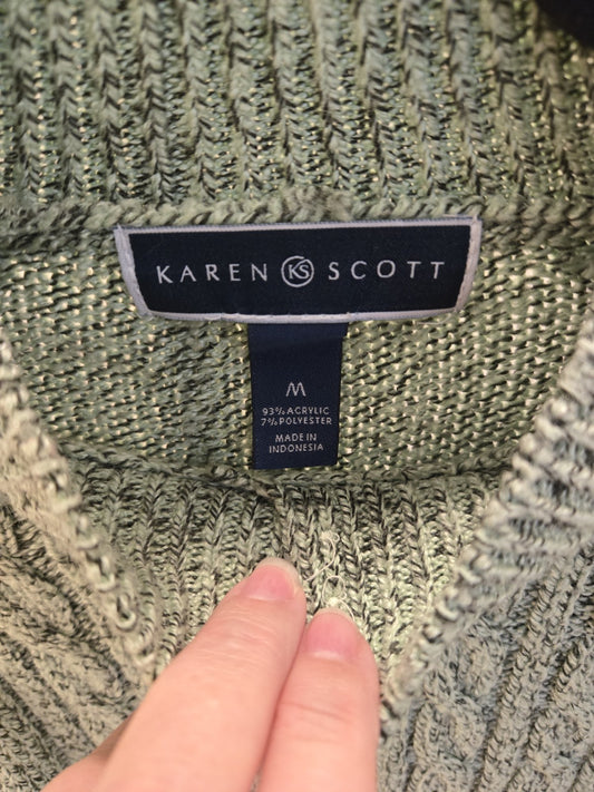 Karen Scott Women's M Cable Knit Mock Neck Sweater Green Speckled Pearl Buttons