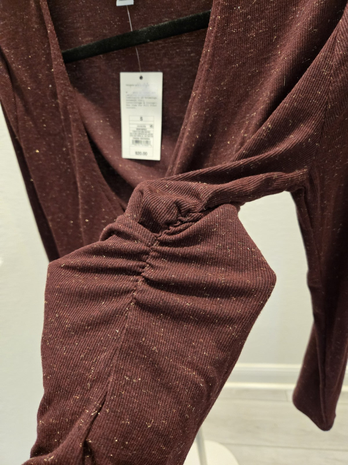A New Day NWT Small Burgundy Glitter Wrap Top Metallic Ribbed Ruched Wine $20