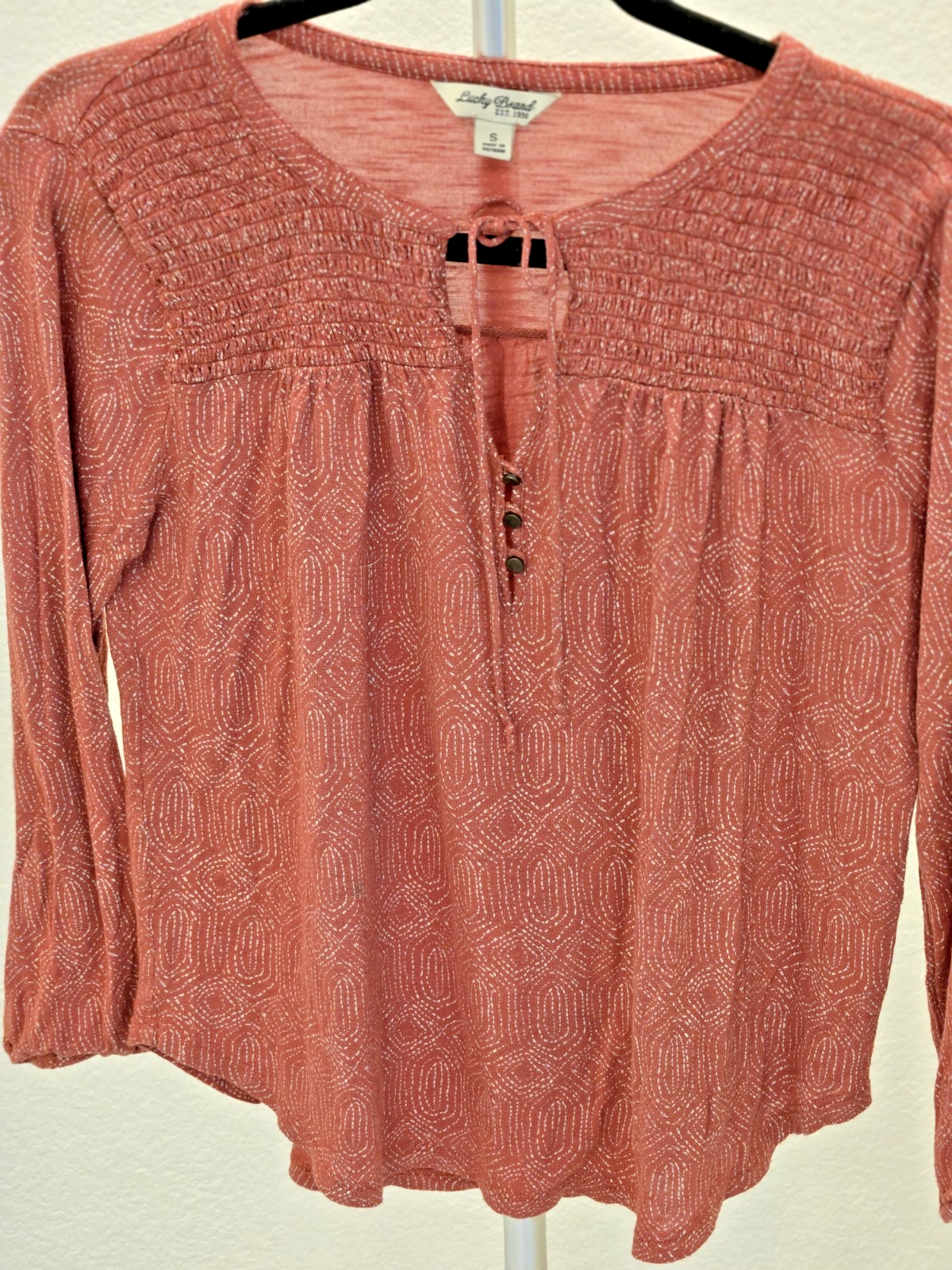 Lucky Brand Rust Smocked Metallic Medallion Print Boho Tie Size S