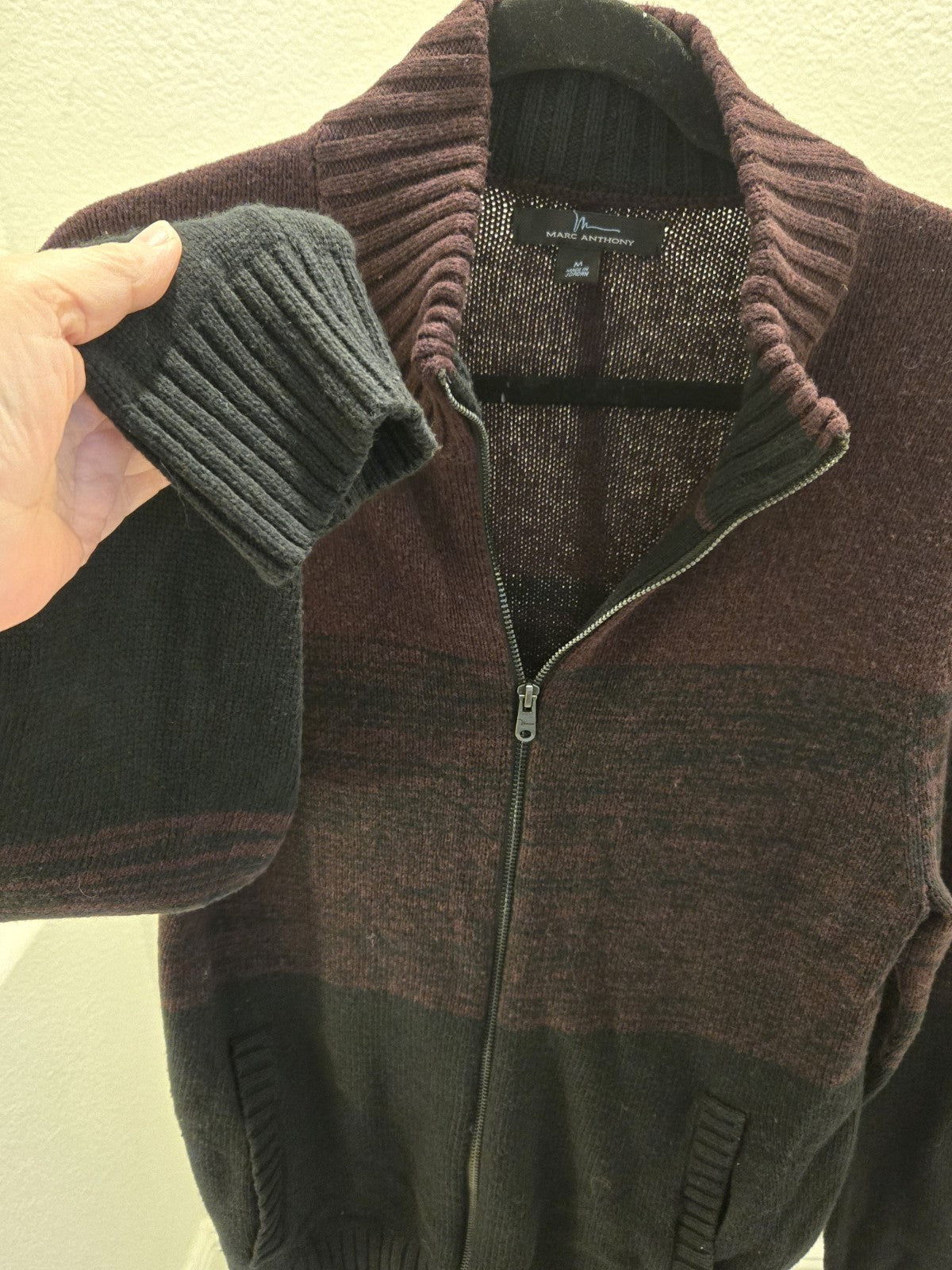 Marc Anthony Full Zip Mock Neck Block Burgundy Black Cardigan NWOT M Men's