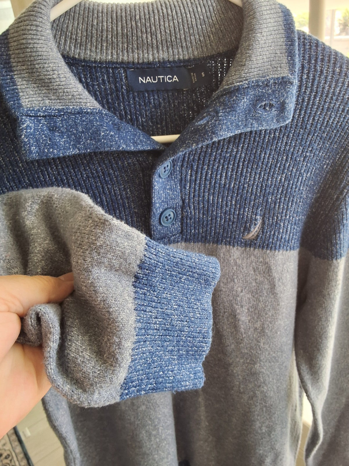 Nautica Sweater Blue Grey Colorblock Button Mock Neck Pullover  Mens S