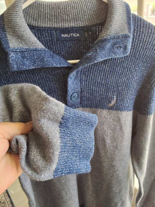 Nautica Sweater Blue Grey Colorblock Button Mock Neck Pullover  Mens S