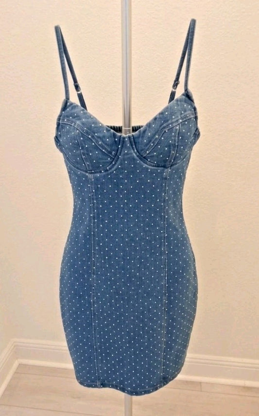 IRIS Polka Dot Denim Sleeveless Zip Size M Jewel Cubic Jean Bodycon