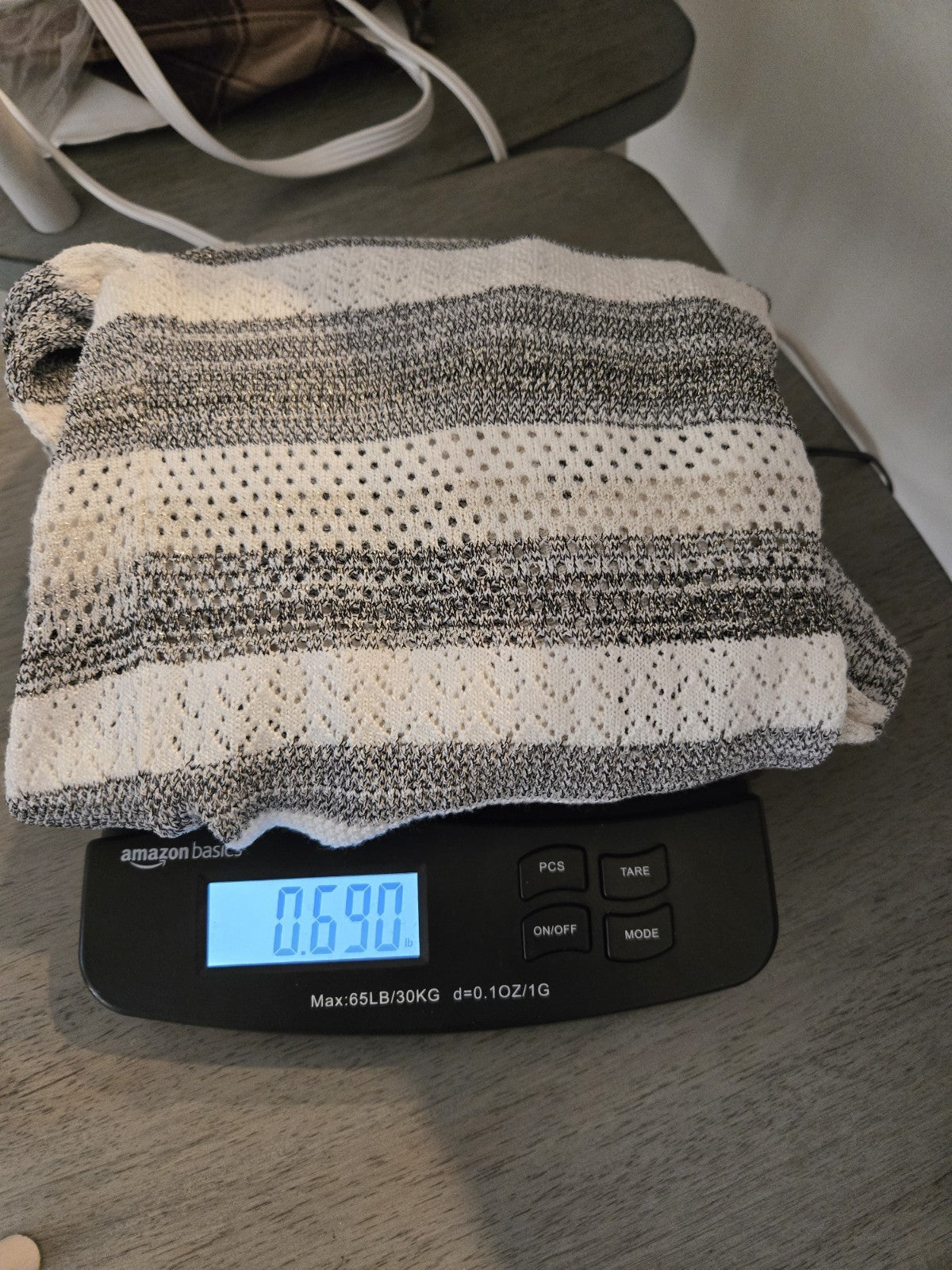White House Black Market S Gray Striped Open Knit Metallic Fringe Cardigan