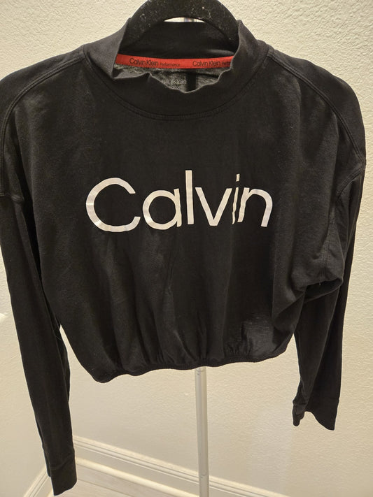 Calvin Klein Performance L Black Cropped Graphic Cinched Sweatshirt Pullover