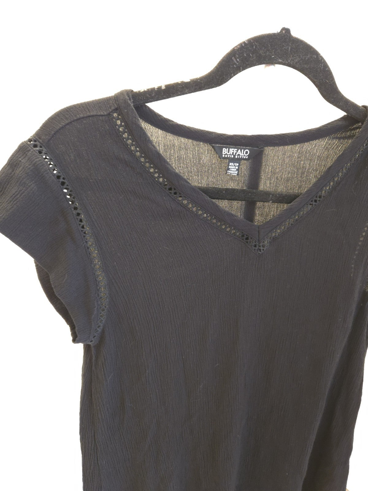 Buffalo David Bitton Short Sleeve Textured Lightweight V-Neck Black XS Women Top
