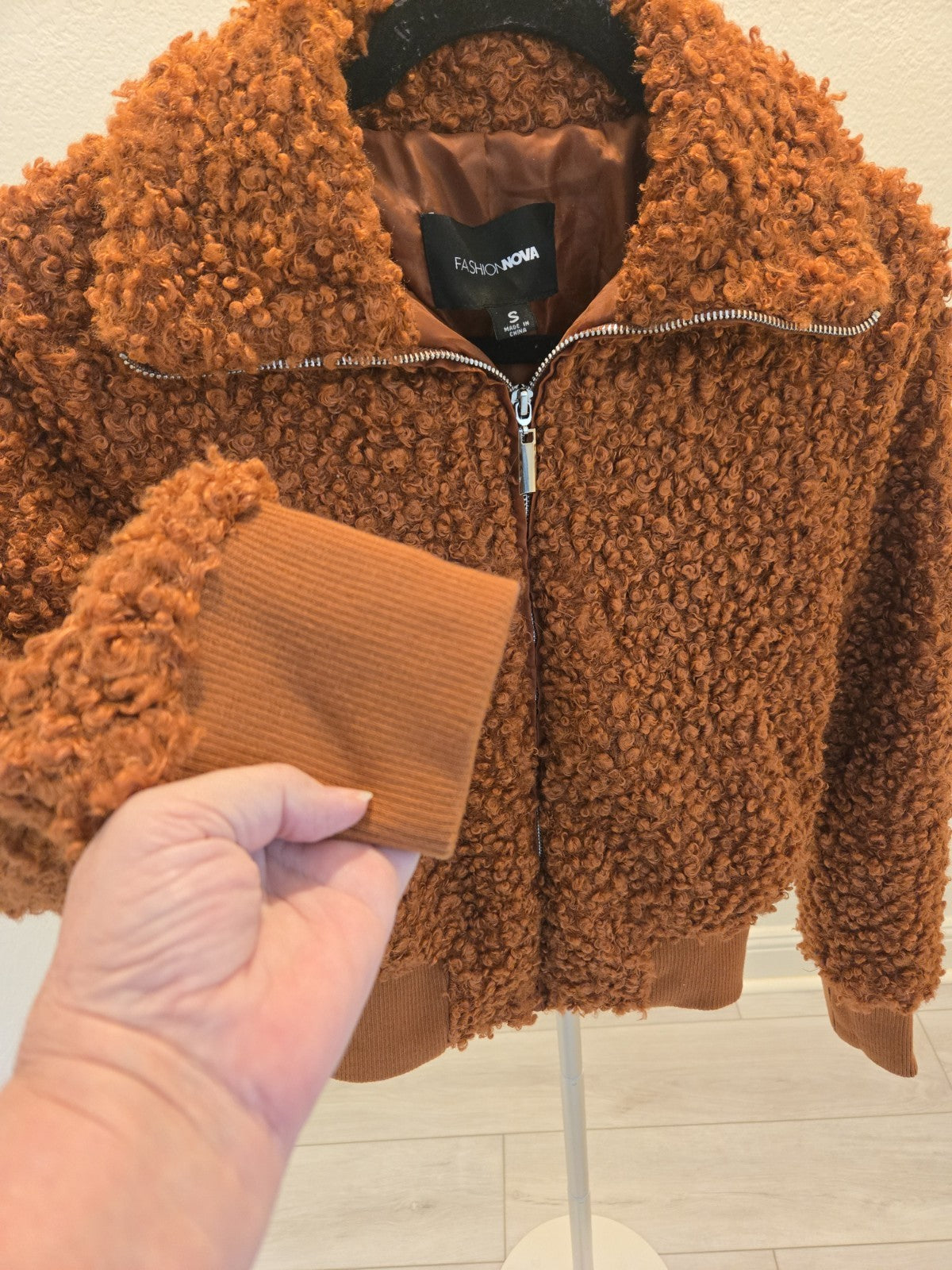 Fashion Nova S Teddy Bear Bomber Jacket, Cozy Fleece Shearling Zip-Up, Brown