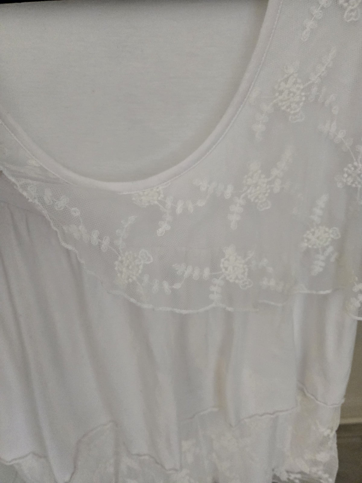 Denim 24/7 Medium White Embroidered Mesh Layered Tiered Ruffle Top Short Sleeve