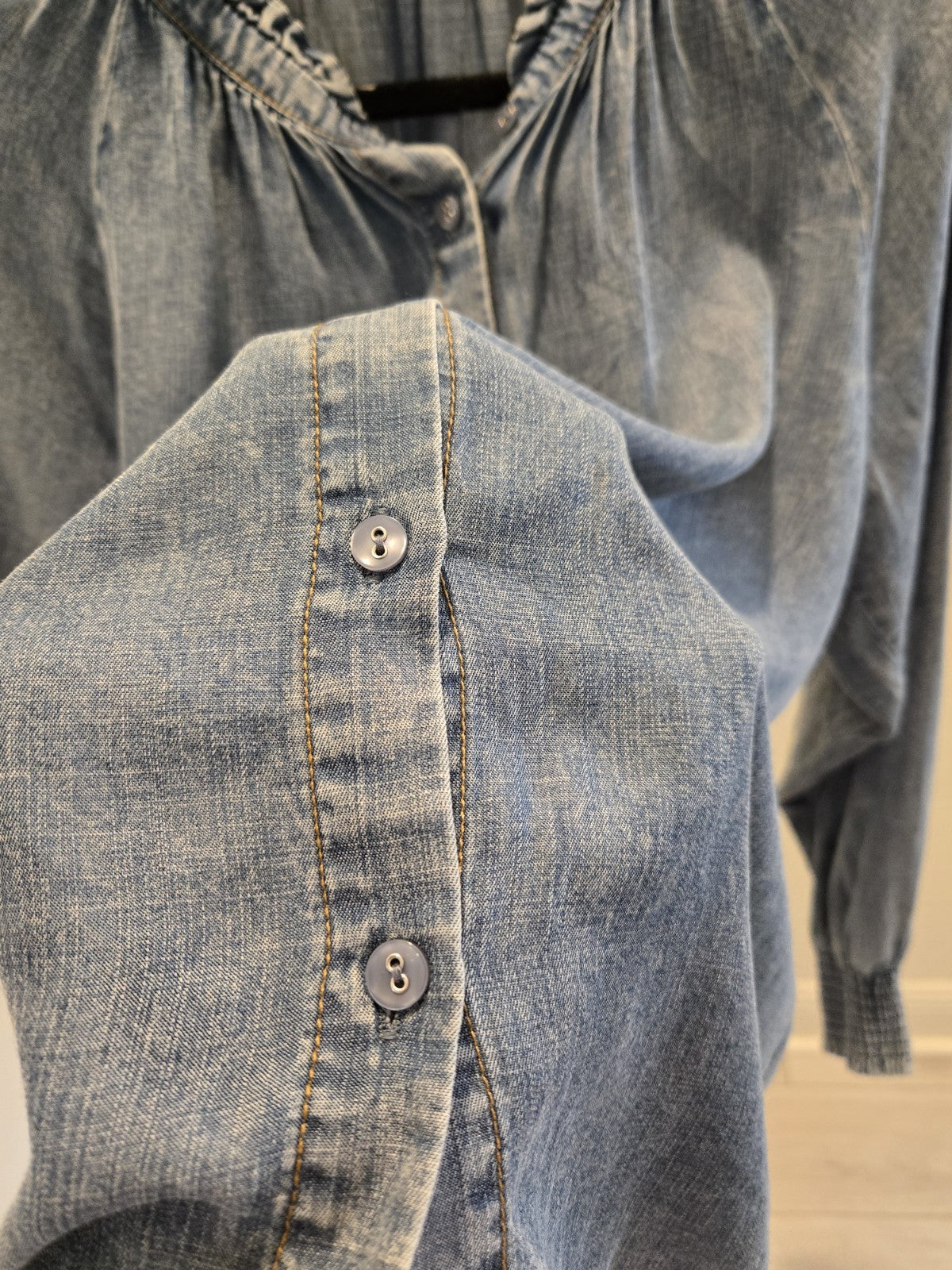 Jane + Delancey L Chambray Ruffle Mock Neck Long Sleeve Button Up Shirt Women