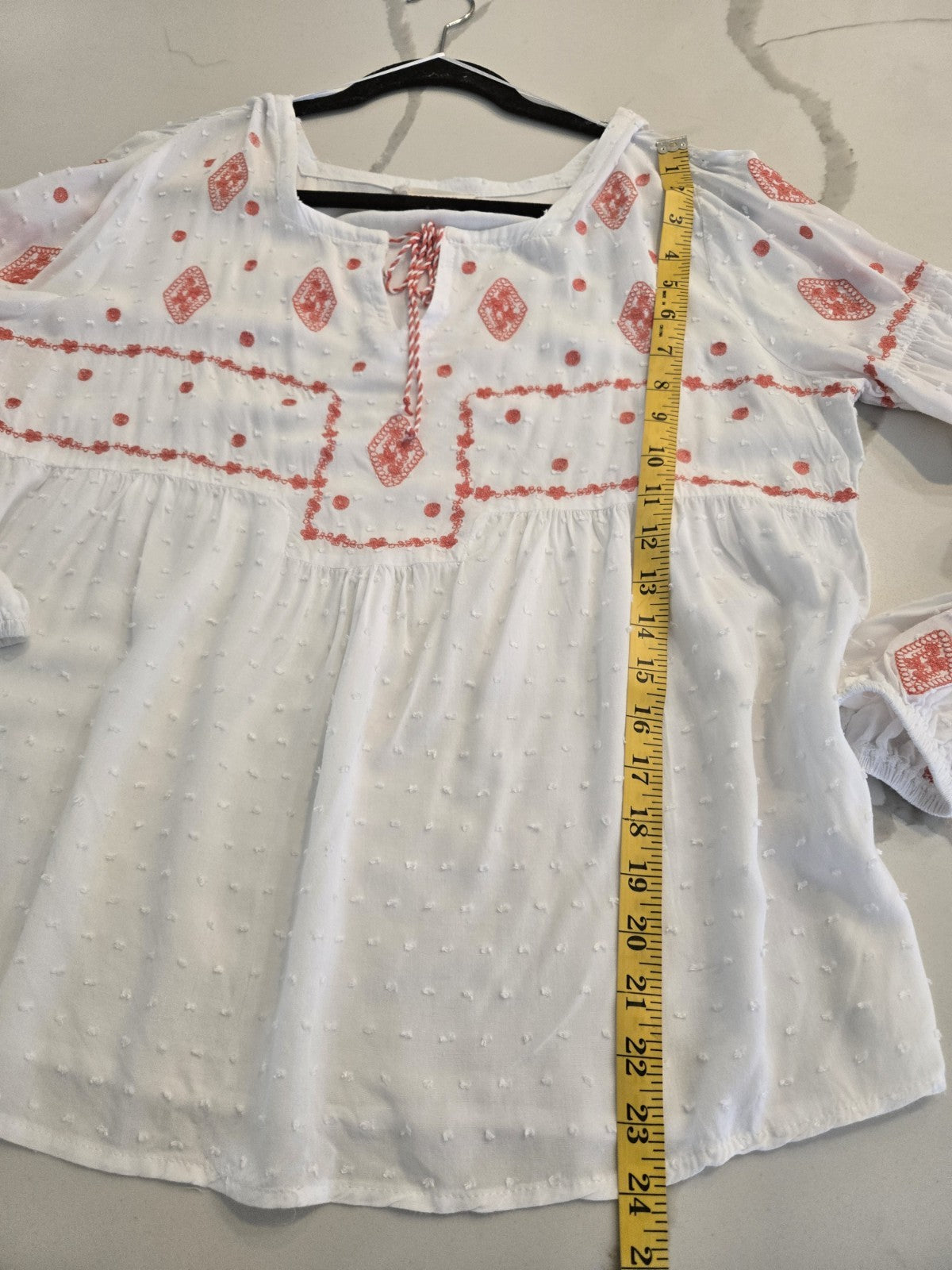 Solitaire Embroidered Large Coral & White Boho Swiss Dot Peasant Tie Neck Top