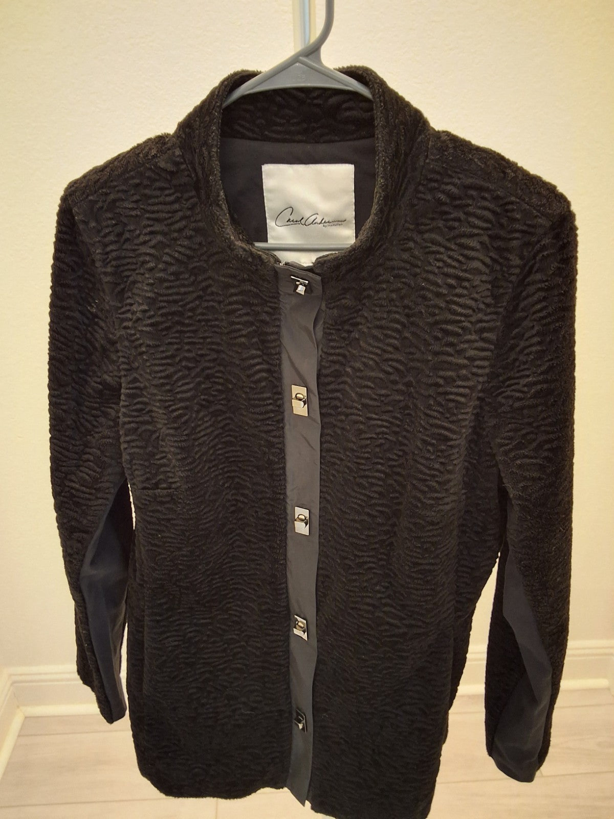 Carol Anderson M/L Faux Astrakhan Fur Jacket Textured Stand Collar Dk Academy