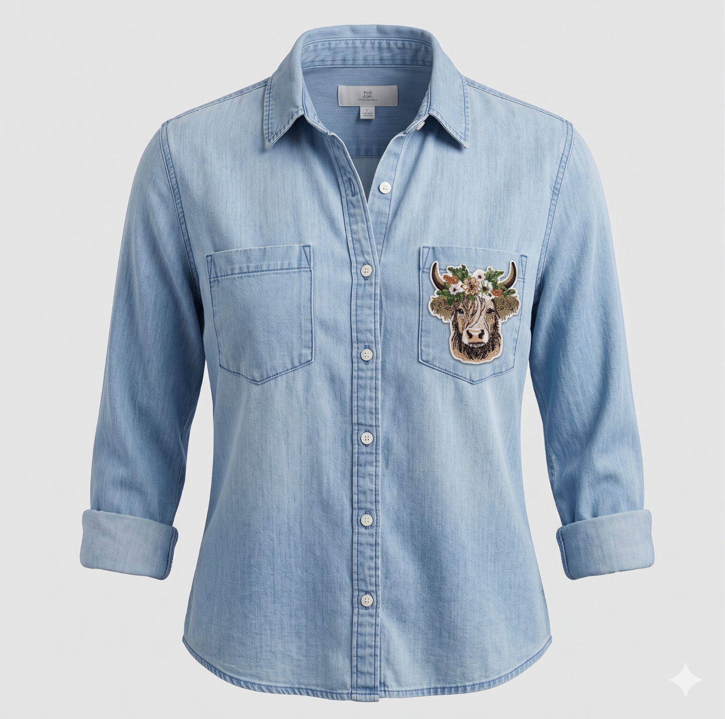Highland Cow Embroidered L Jean Shirt Western Floral Boho Long Sleeve Lyocell