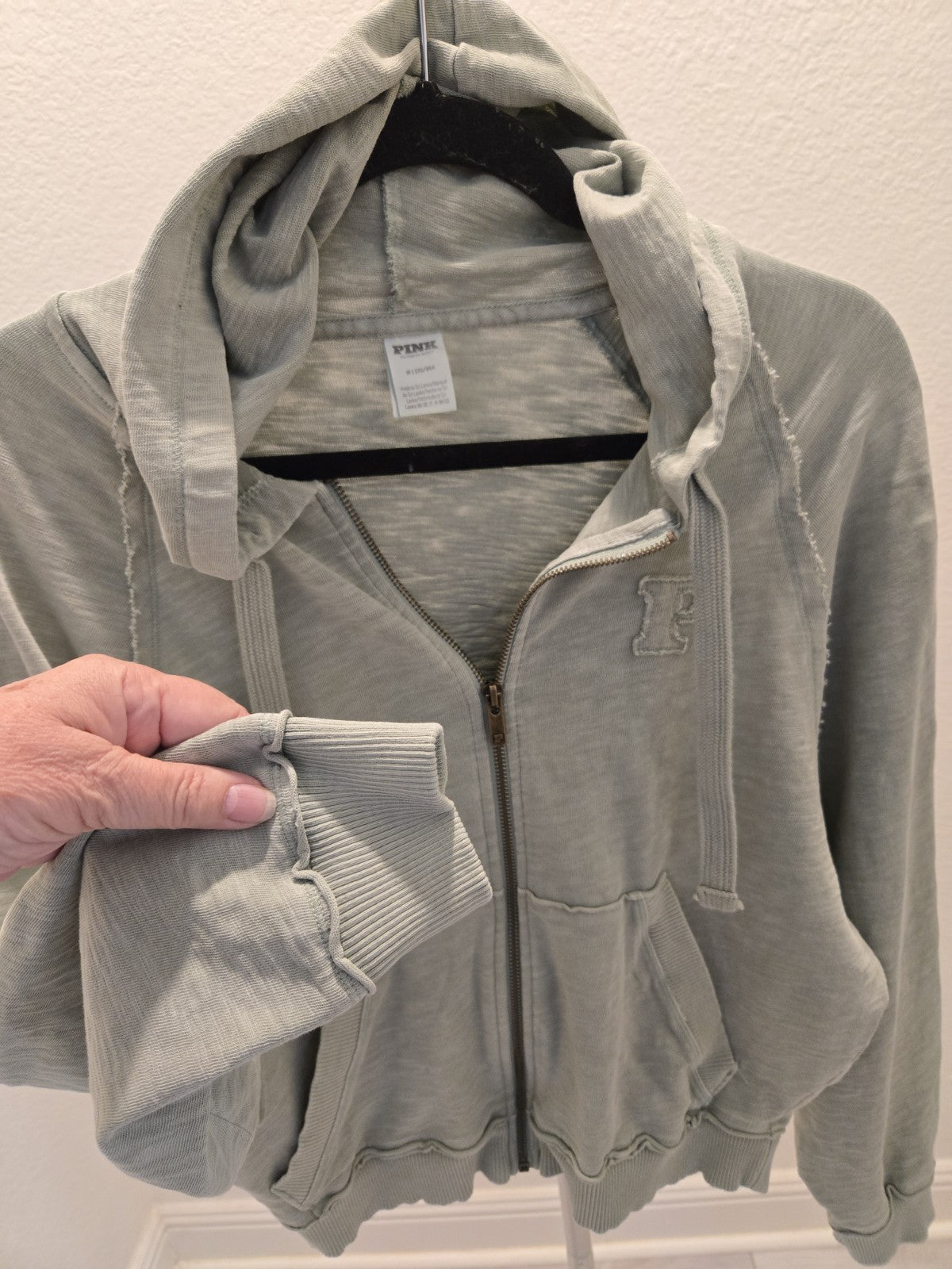 PINK Victoria Secret M Sage Green Distressed Zip Up Hoodie Raw Seam Y2K