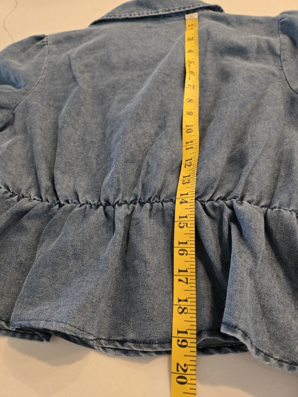 Idem Ditto S Tie Front Crop Denim Top Womens Long Puff Sleeve Peplum Blue