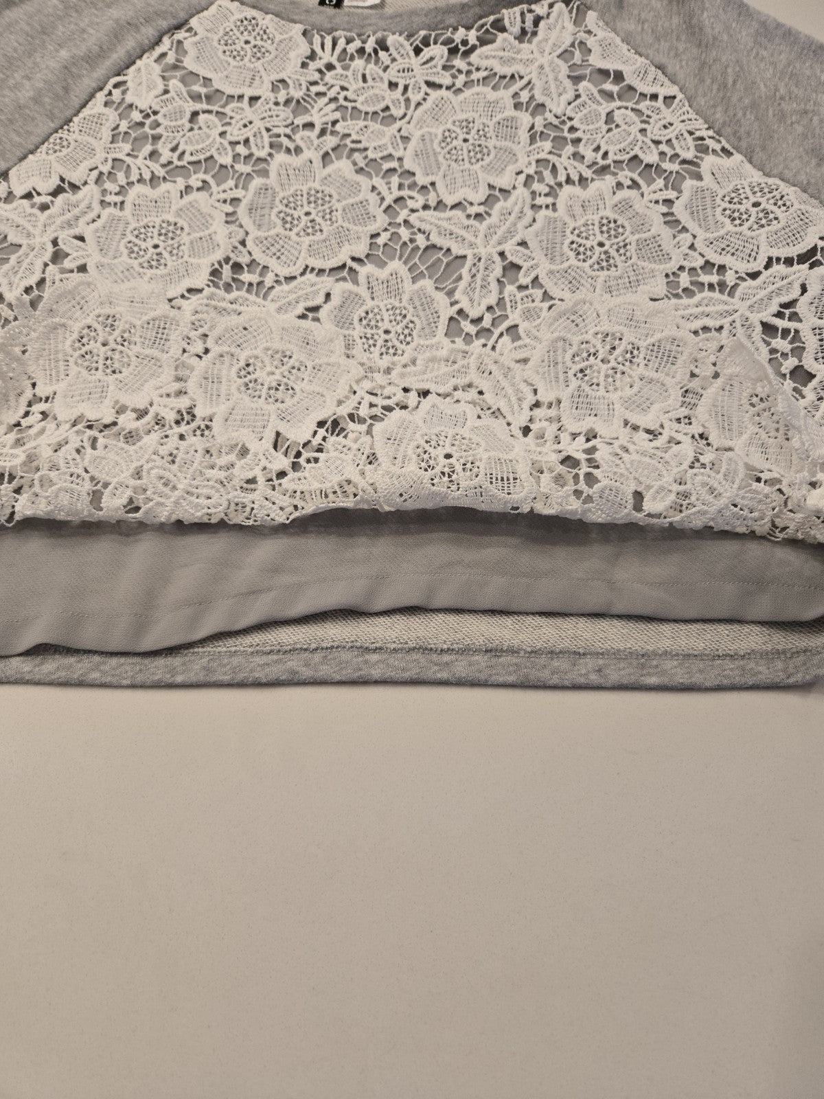 H&M Divided Grey Sweatshirt M White Floral Lace Overlay Raglan Pullover Crochet