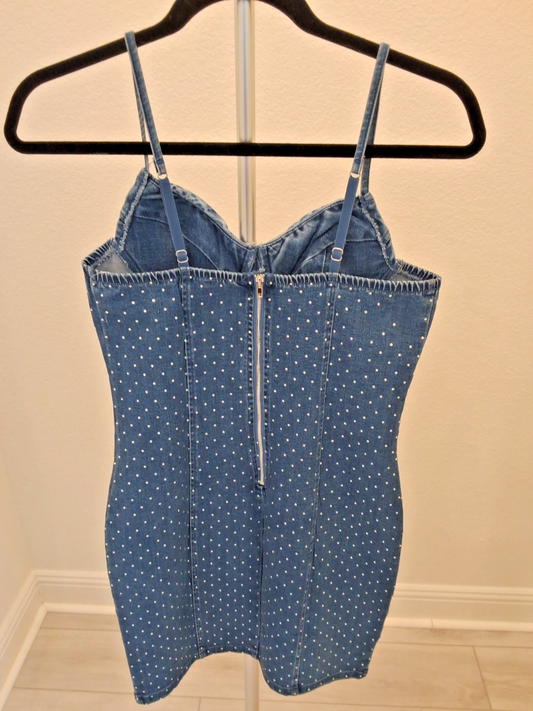 IRIS Polka Dot Denim Sleeveless Zip Size M Jewel Cubic Jean Bodycon