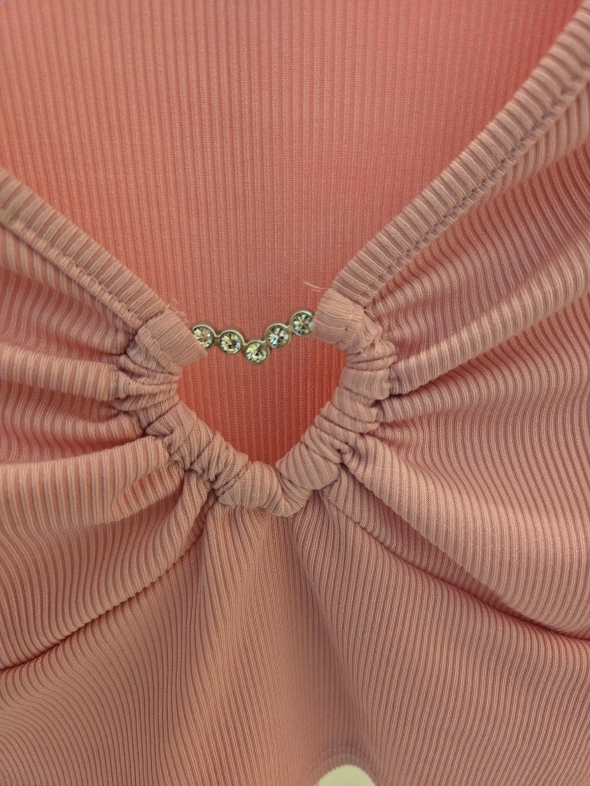 Shein M Pink Ribbed Knit Top Womens Long Sleeve Rhinestone Heart Cut Out Crop