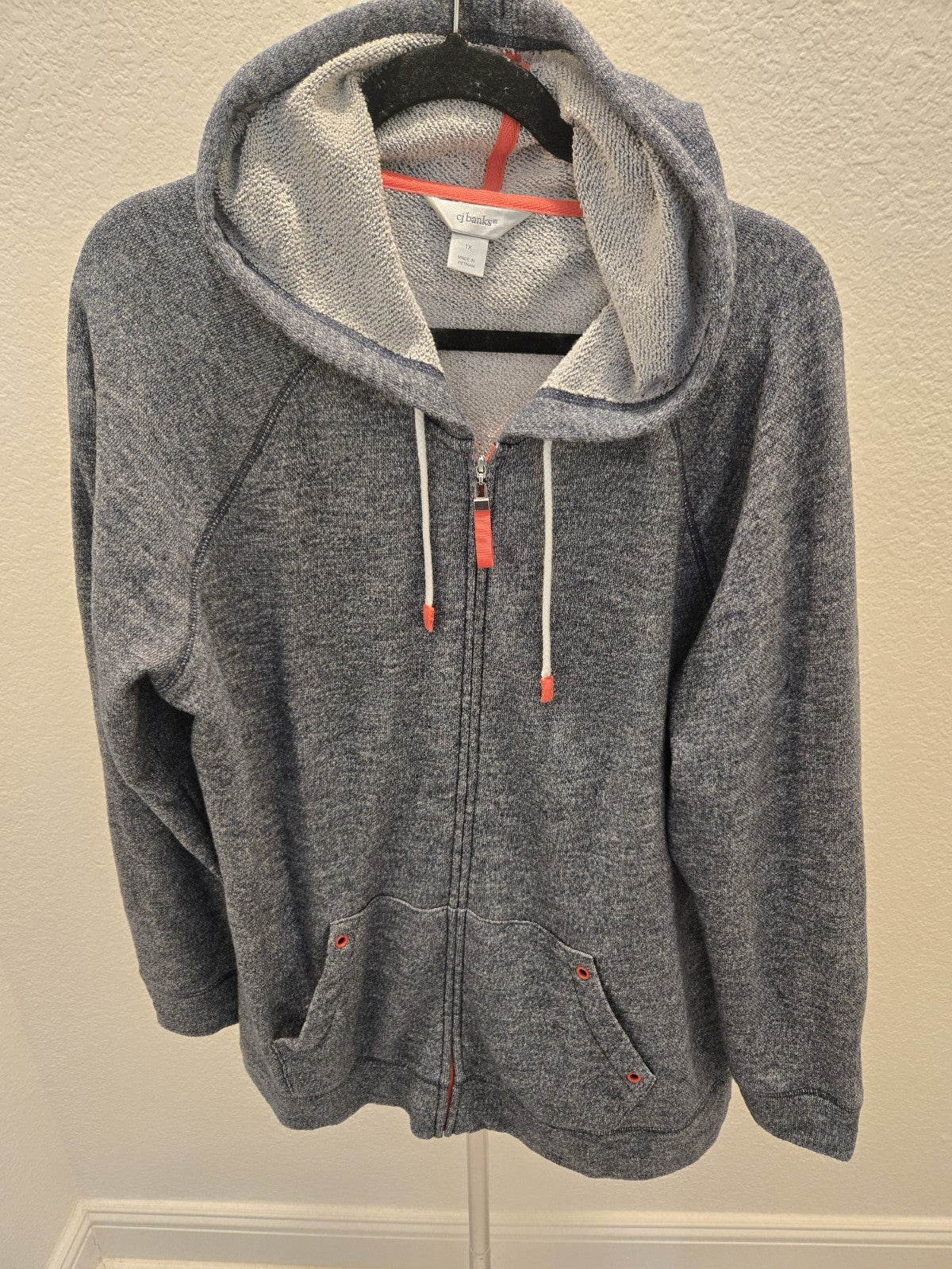 CJ Banks 1X Marled Full Zip Hoodie Raglan Coral Trim Athleisure Jacket Womens