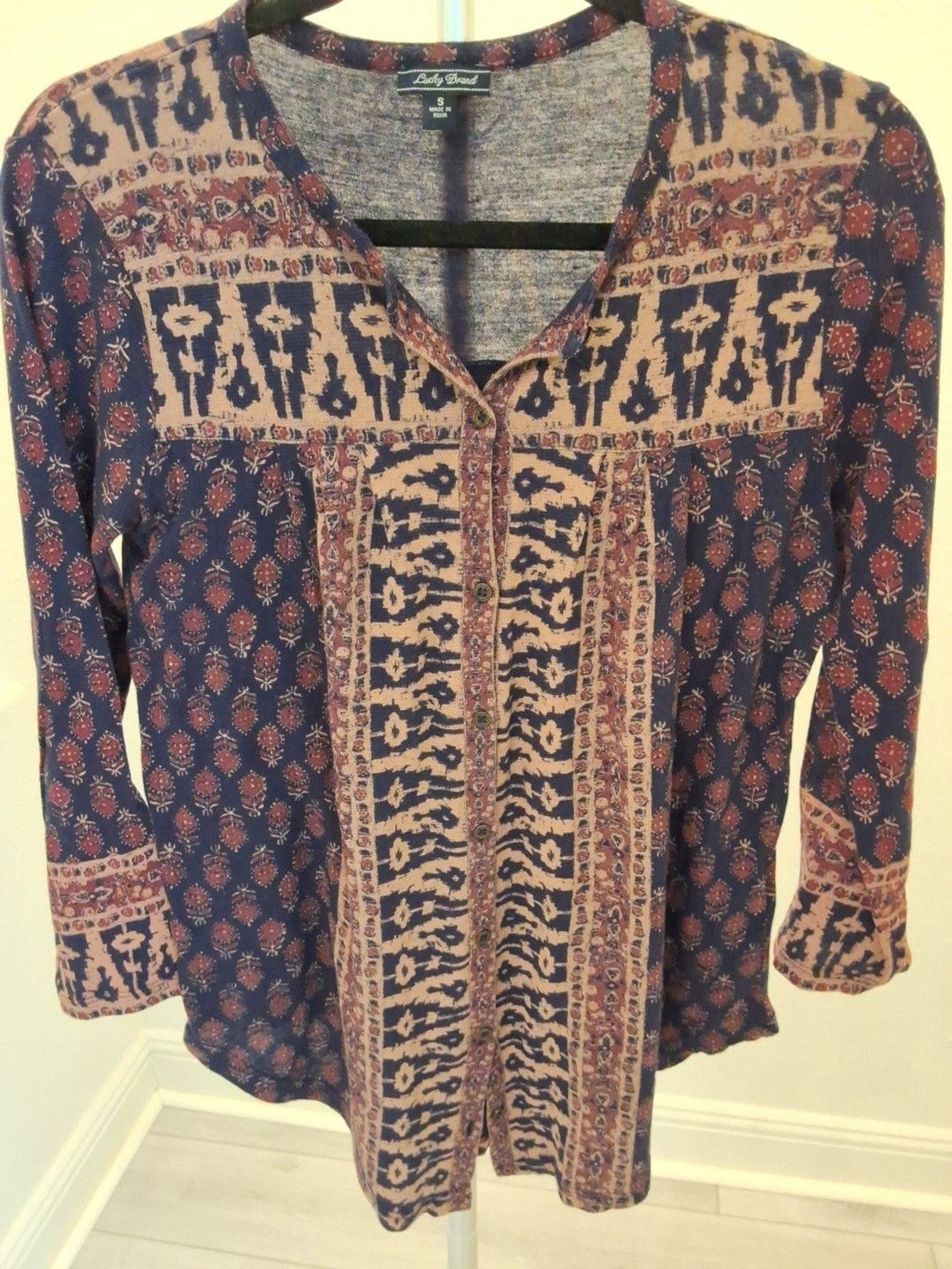 Lucky Brand Blue Boho Red Beige Print Long Sleeve Top Size S Womens