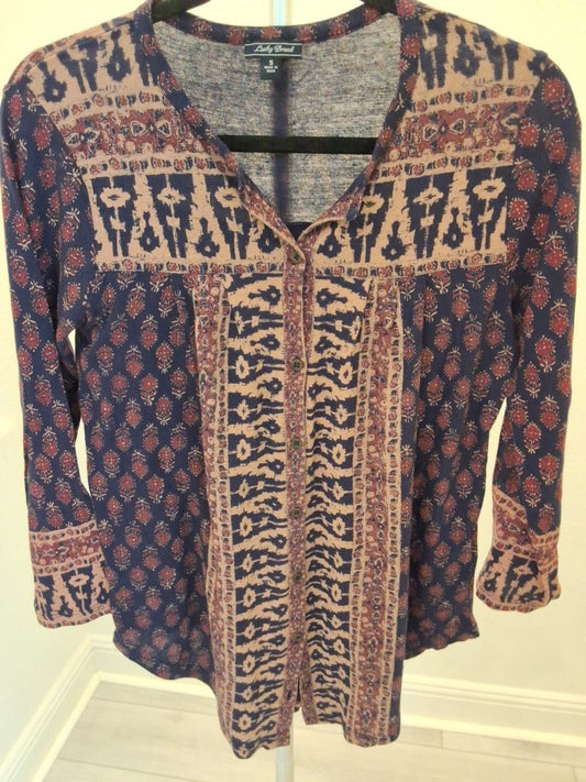 Lucky Brand Blue Boho Red Beige Print Long Sleeve Top Size S Womens