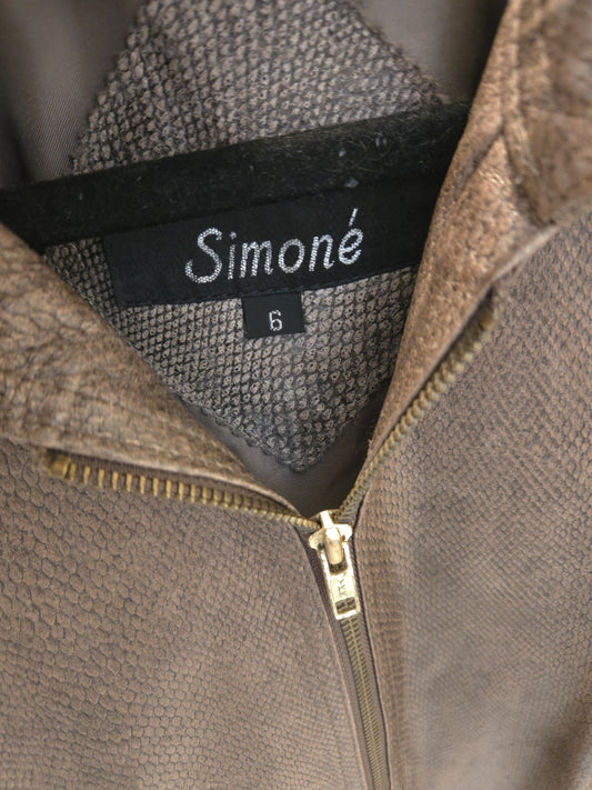 Simoné 6 Small Vintage Snake / Reptile Leather Zip-Up Pockets Lined Brown Jacket