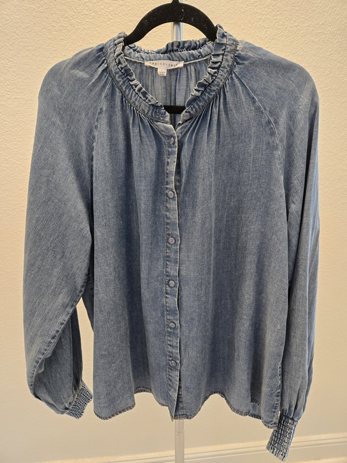 Jane + Delancey L Chambray Ruffle Mock Neck Long Sleeve Button Up Shirt Women