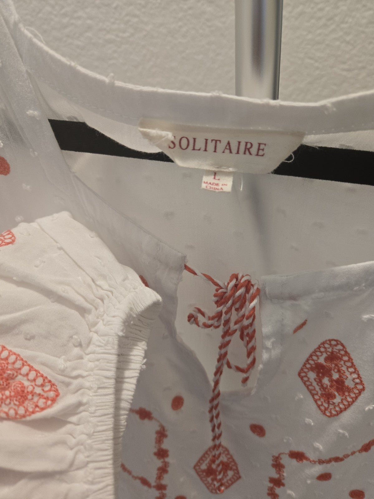 Solitaire Embroidered Large Coral & White Boho Swiss Dot Peasant Tie Neck Top