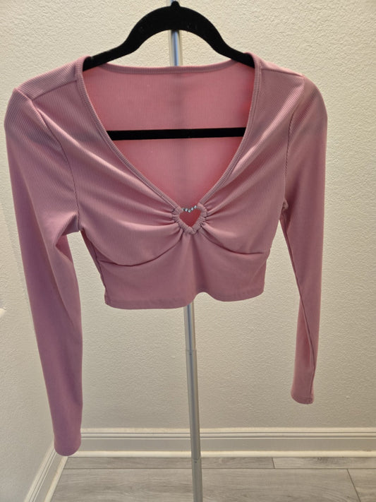 Shein M Pink Ribbed Knit Top Womens Long Sleeve Rhinestone Heart Cut Out Crop